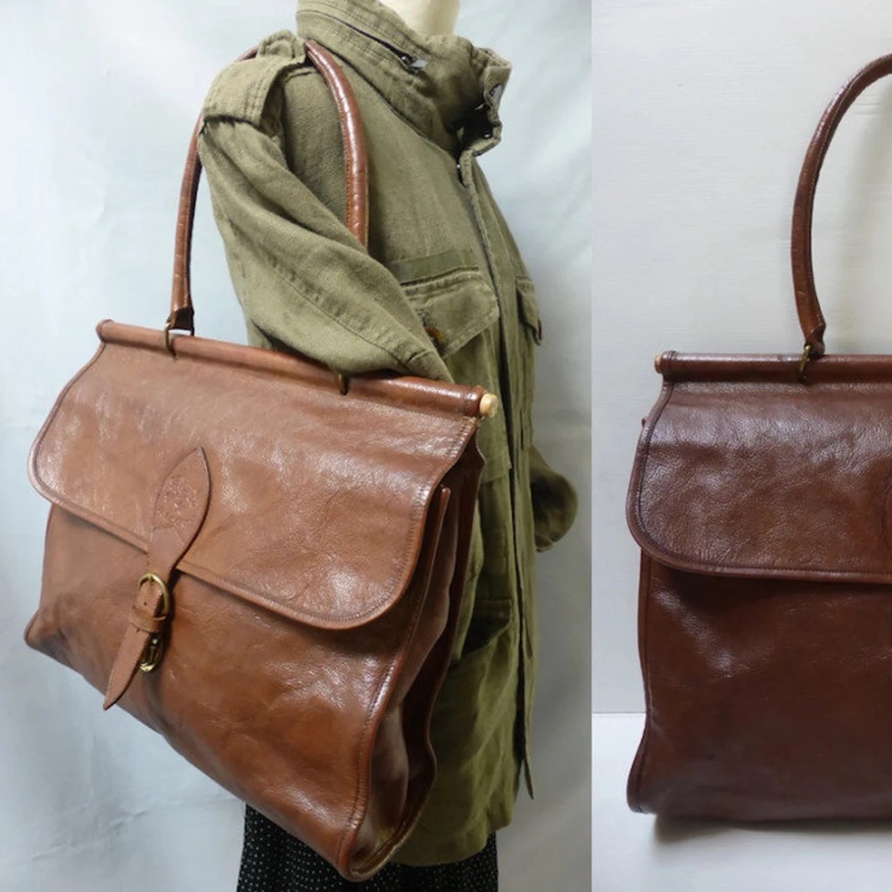 Vintage Il BiSONTE Brown Leather Shoulder Bag Distressed Italian Designer XL